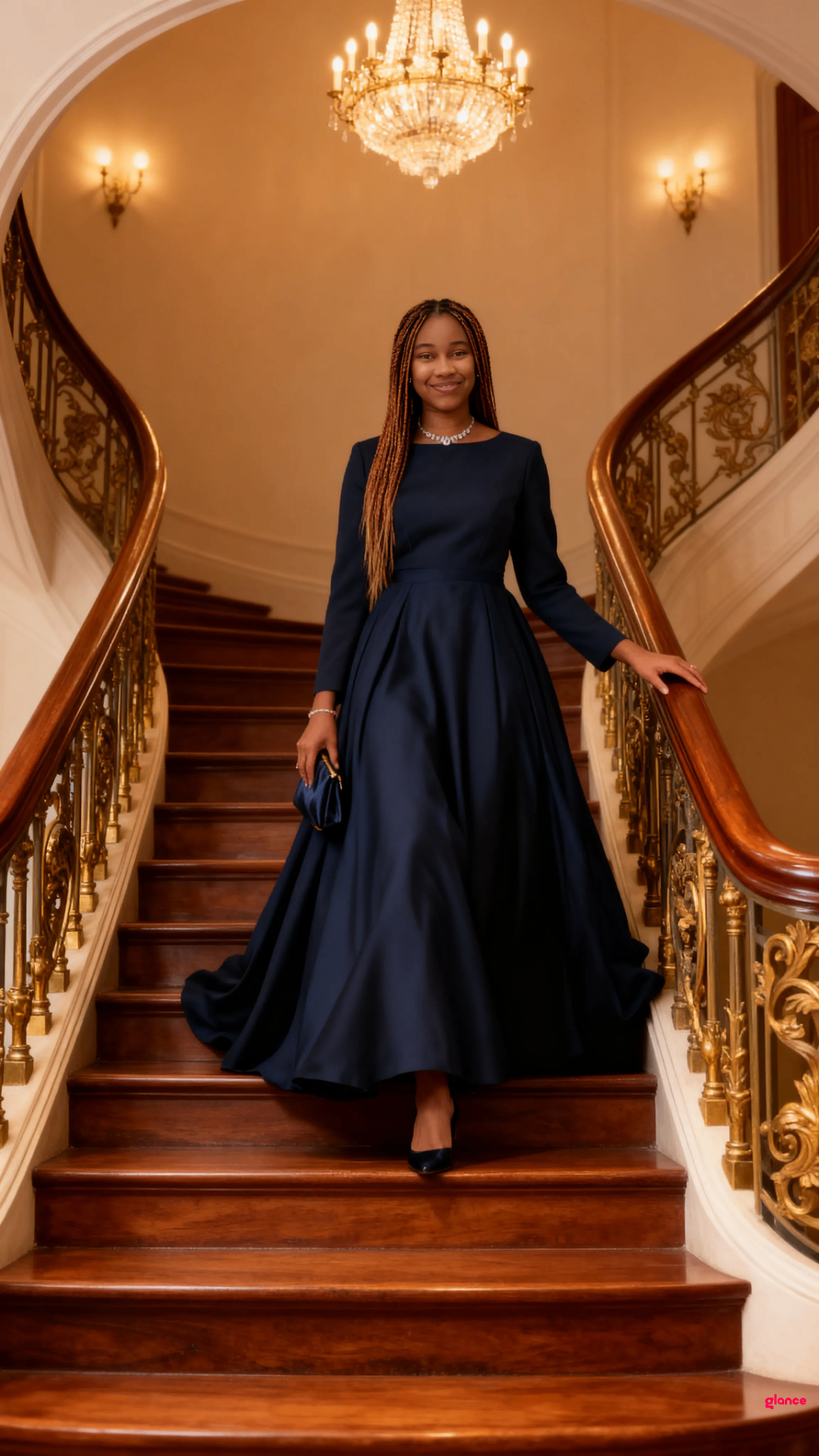 Elegant woman in evening gown descending grand staircase